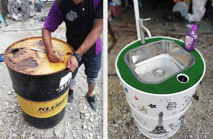 Nigerian man invents washbasin with oil drum barrel amid coronavirus hand-washing campaign